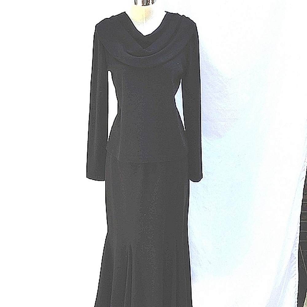 Black long skirt and drape neck top, long sleeve, knit, pleated skirt bottom